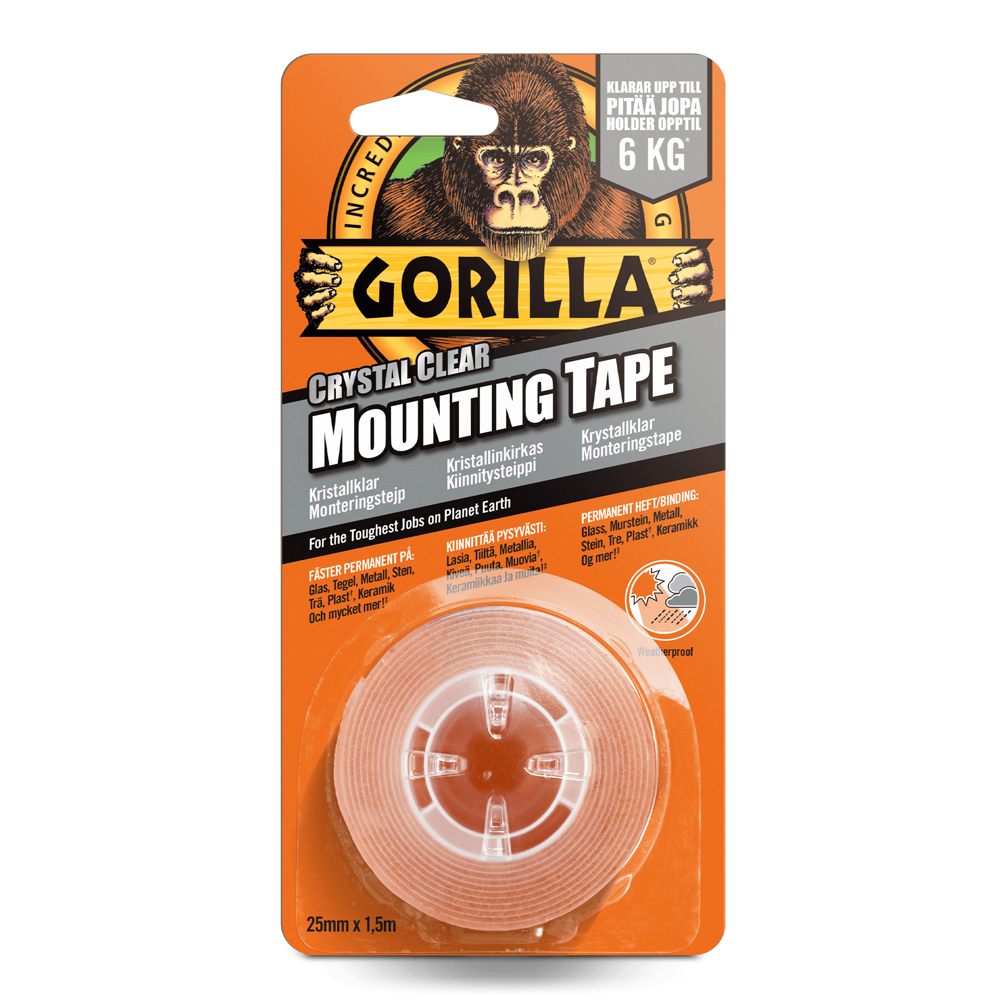 Gorilla Monterings Tape klar 1,5mtr (dobbelsidig)